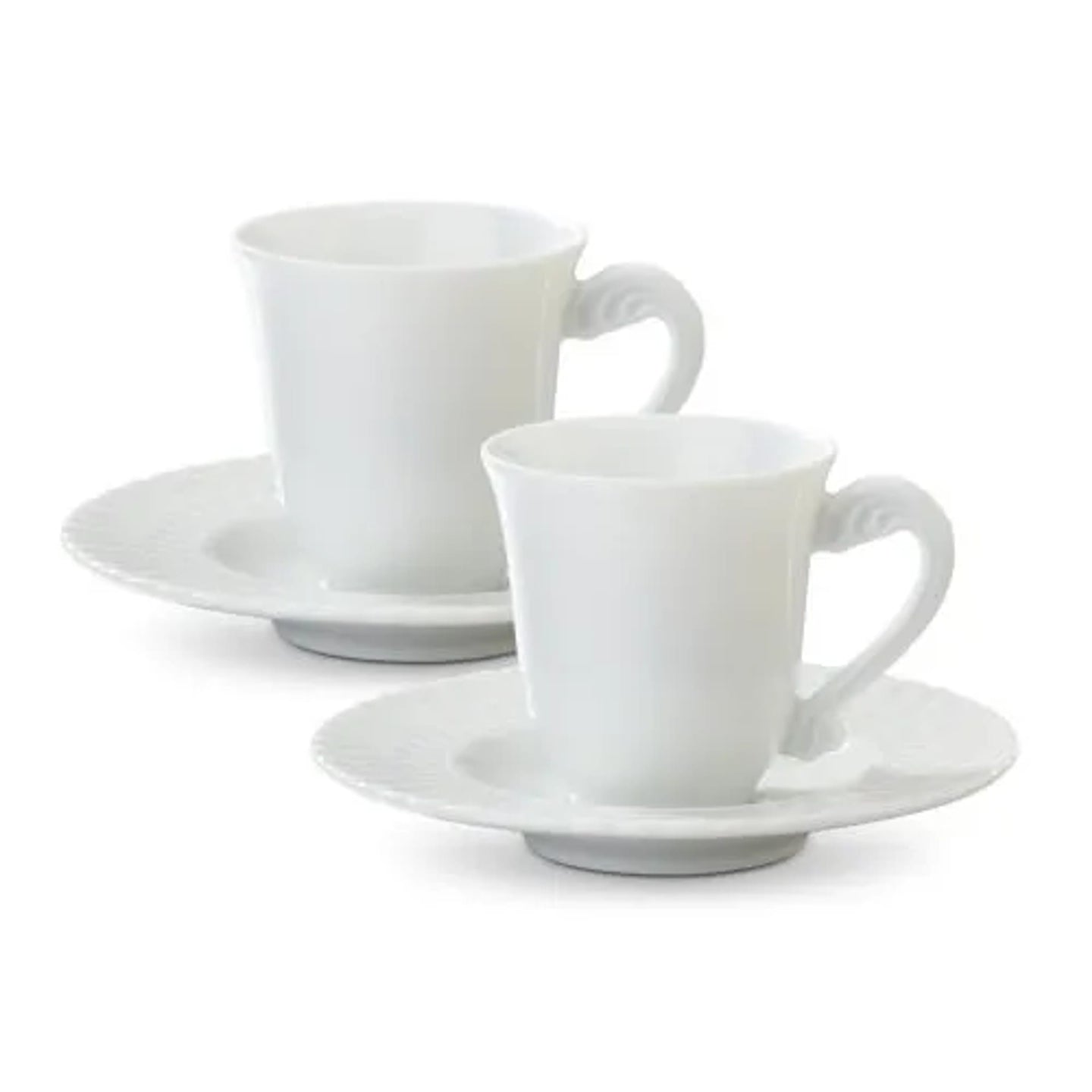 Set Of Two White Espresso Cups With Handle & Saucers, 2 Ceramic